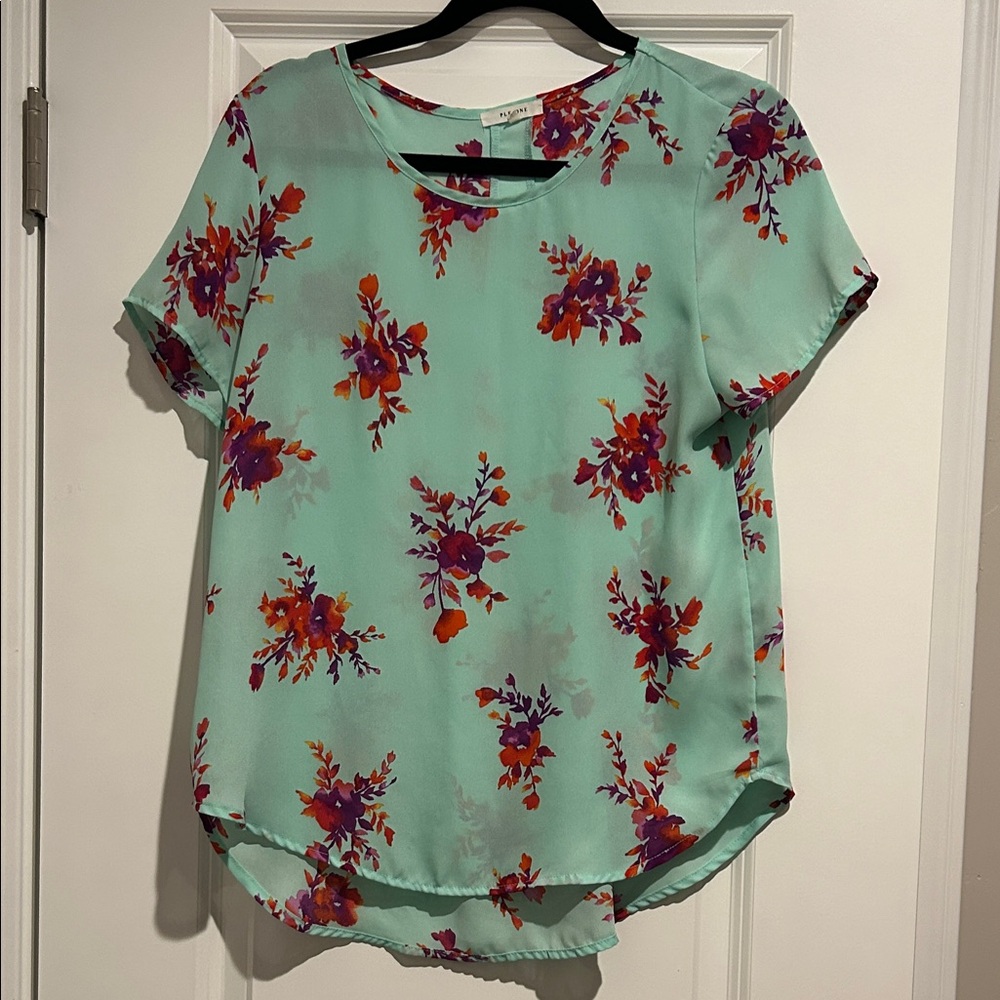 Pleione Mint Floral Blouse with Purple and Orange Accents